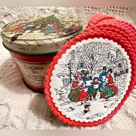 Vtg Christmas 🎄 Coaster Tin 33 Paper Coasters Inside By Potpourri Press… Opened - Picture 4 of 14